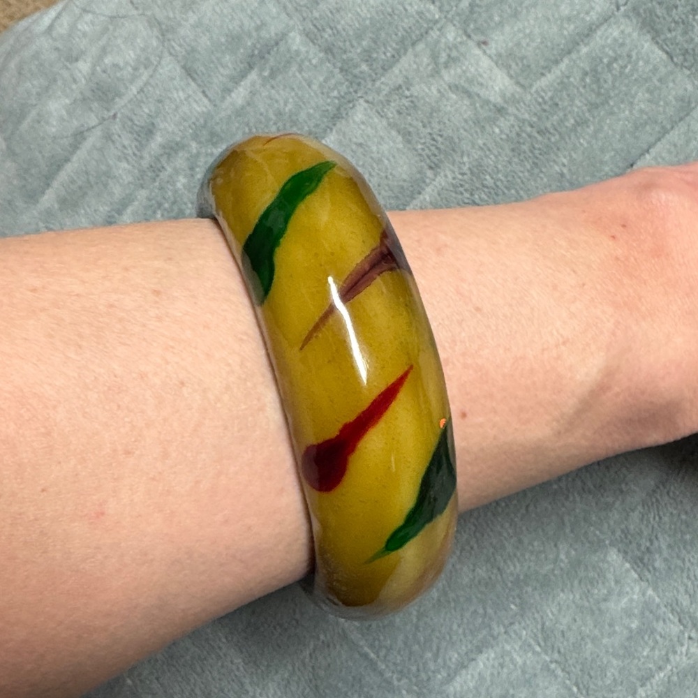 Vintage Plastic Bangle Bracelet, Striped, Tan, Red, Green, Black, Retro, Boho